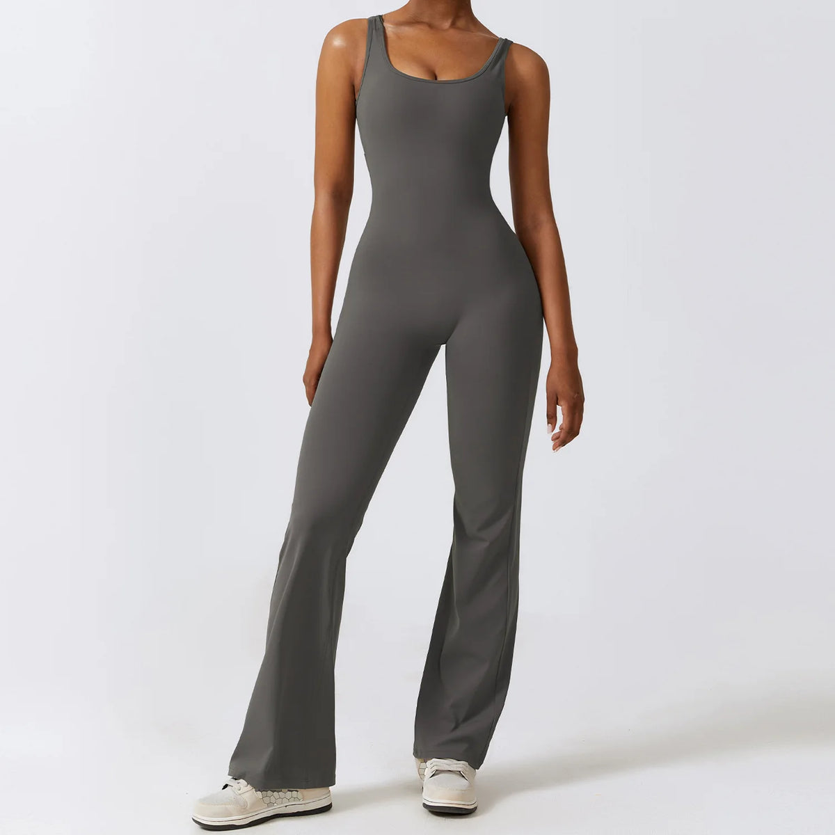 V-Back Flare Jumpsuit in Grey by Veyaria