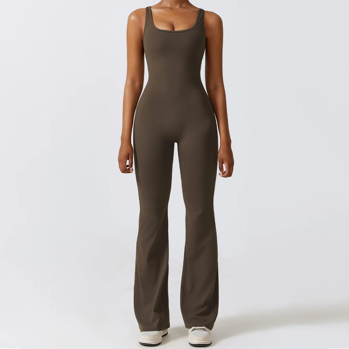 V-Back Flare Jumpsuit in Mocha by Veyaria