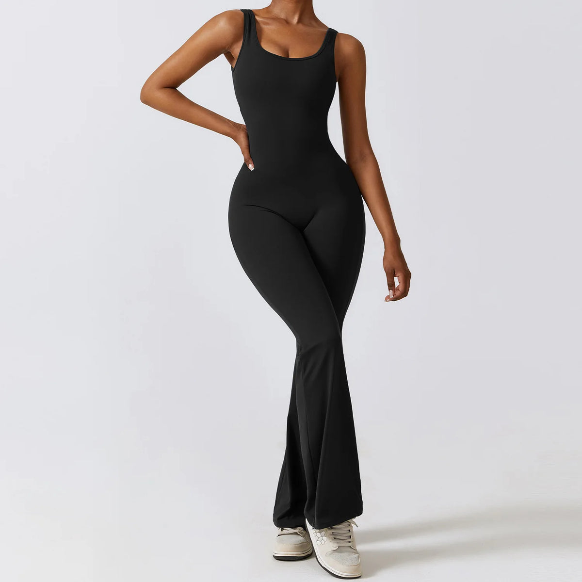 V-Back Flare Jumpsuit in Black by Veyaria