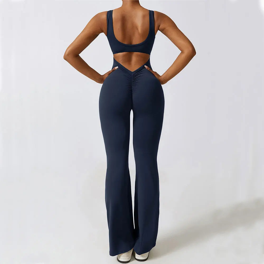 V-Back Flare Jumpsuit by Veyaria