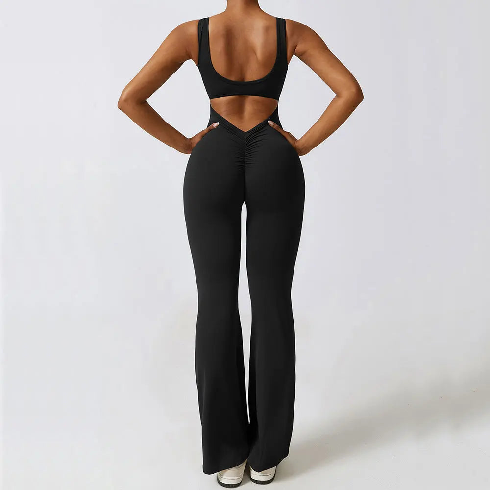 V-Back Flare Jumpsuit by Veyaria