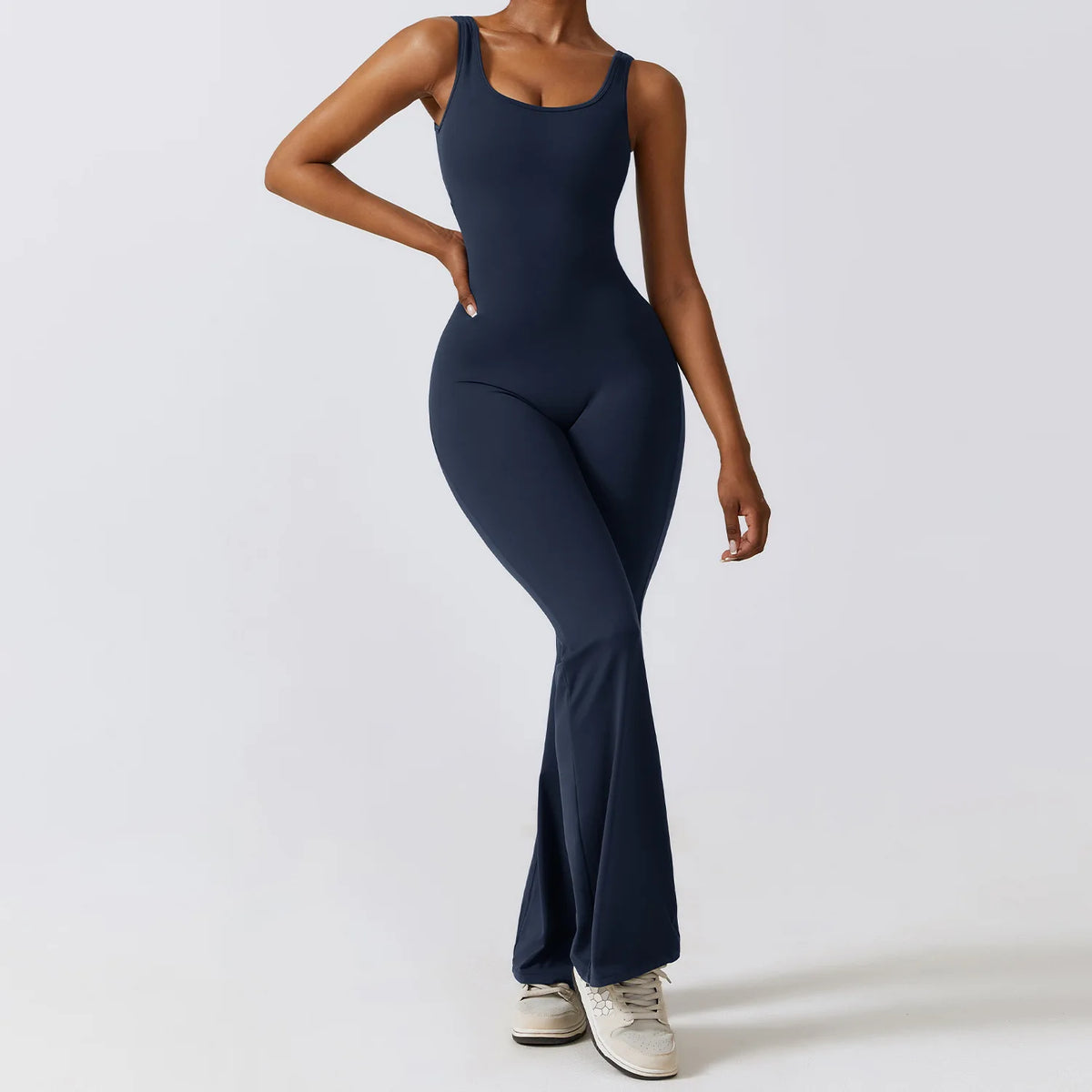 V-Back Flare Jumpsuit in Navy by Veyaria