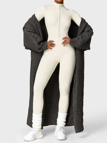 NORDÉA Winter Jumpsuit in Beige styled with a long knit cardigan