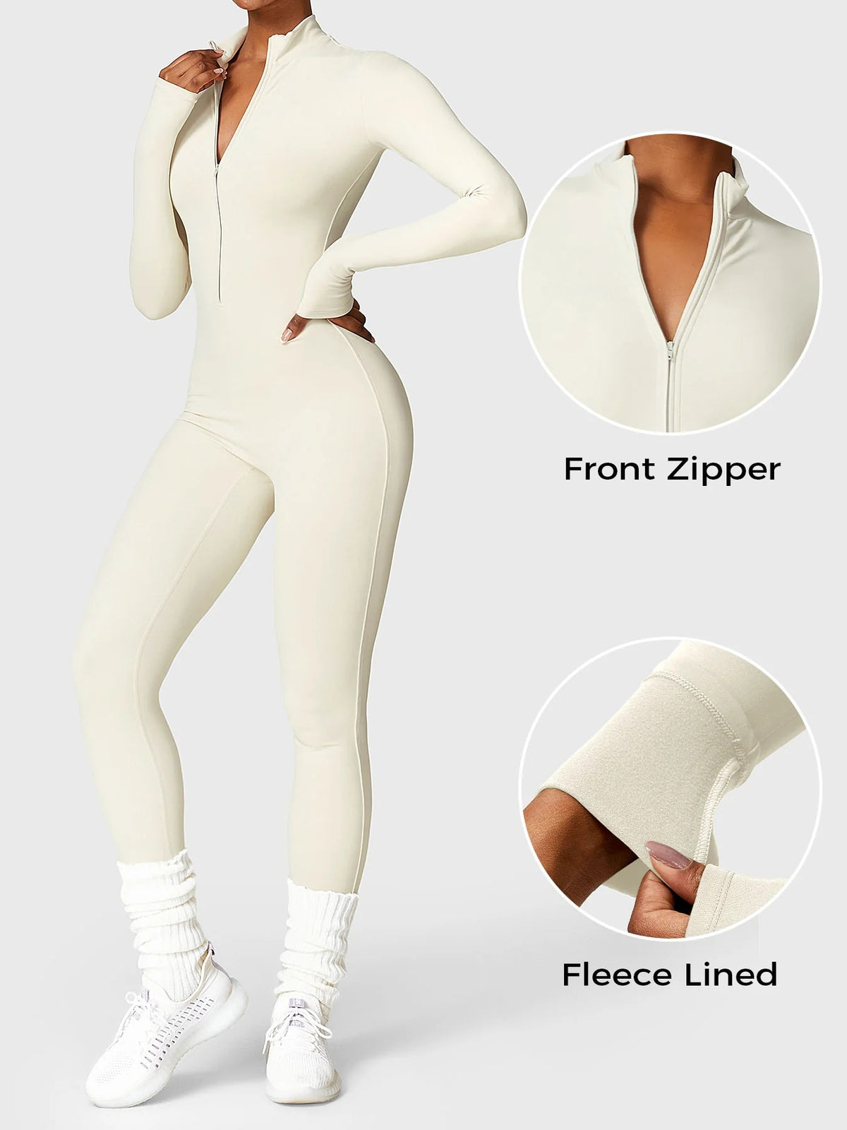 NORDÉA Winter Jumpsuit in Beige, front zipper and fleece lined detail
