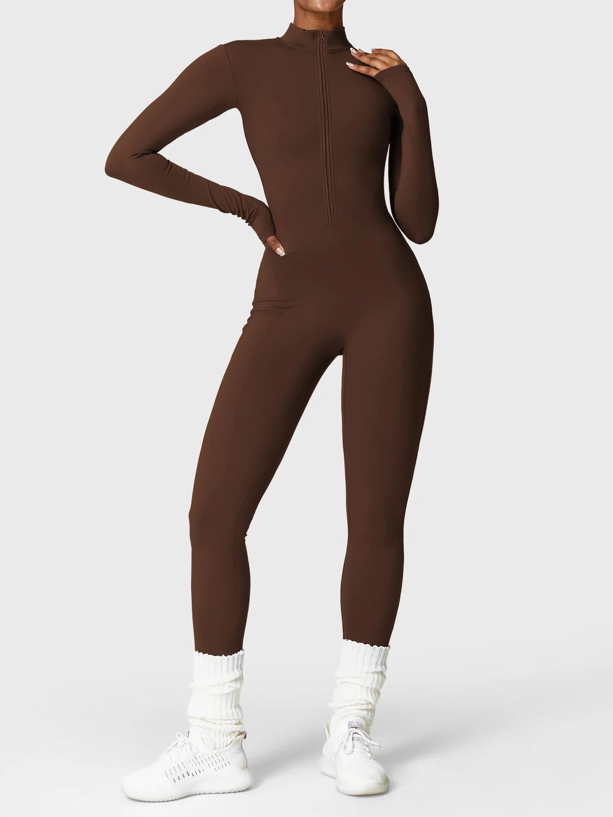 NORDÉA Winter Jumpsuit in Brown, half-zip front