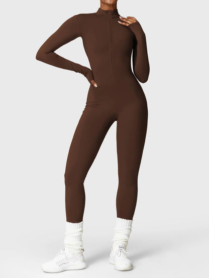 NORDÉA Winter Jumpsuit in Brown, half-zip front