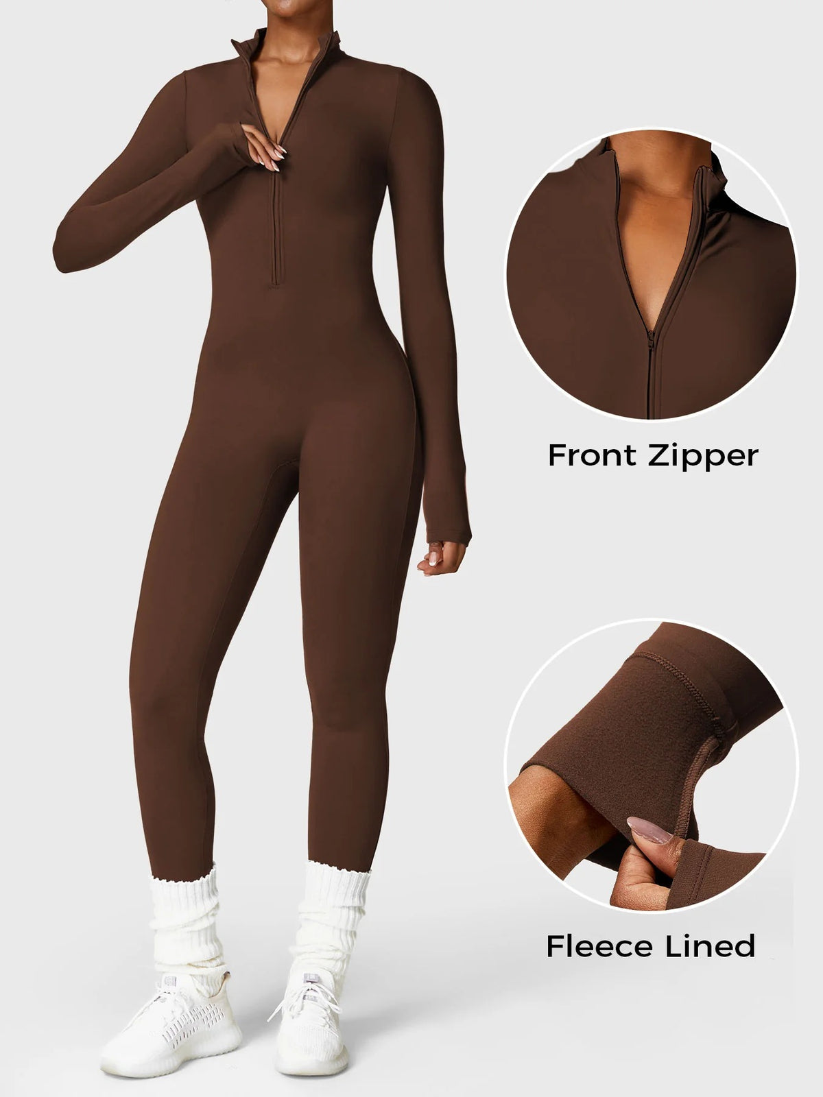 NORDÉA Winter Jumpsuit in Brown, front zipper and fleece lined detail