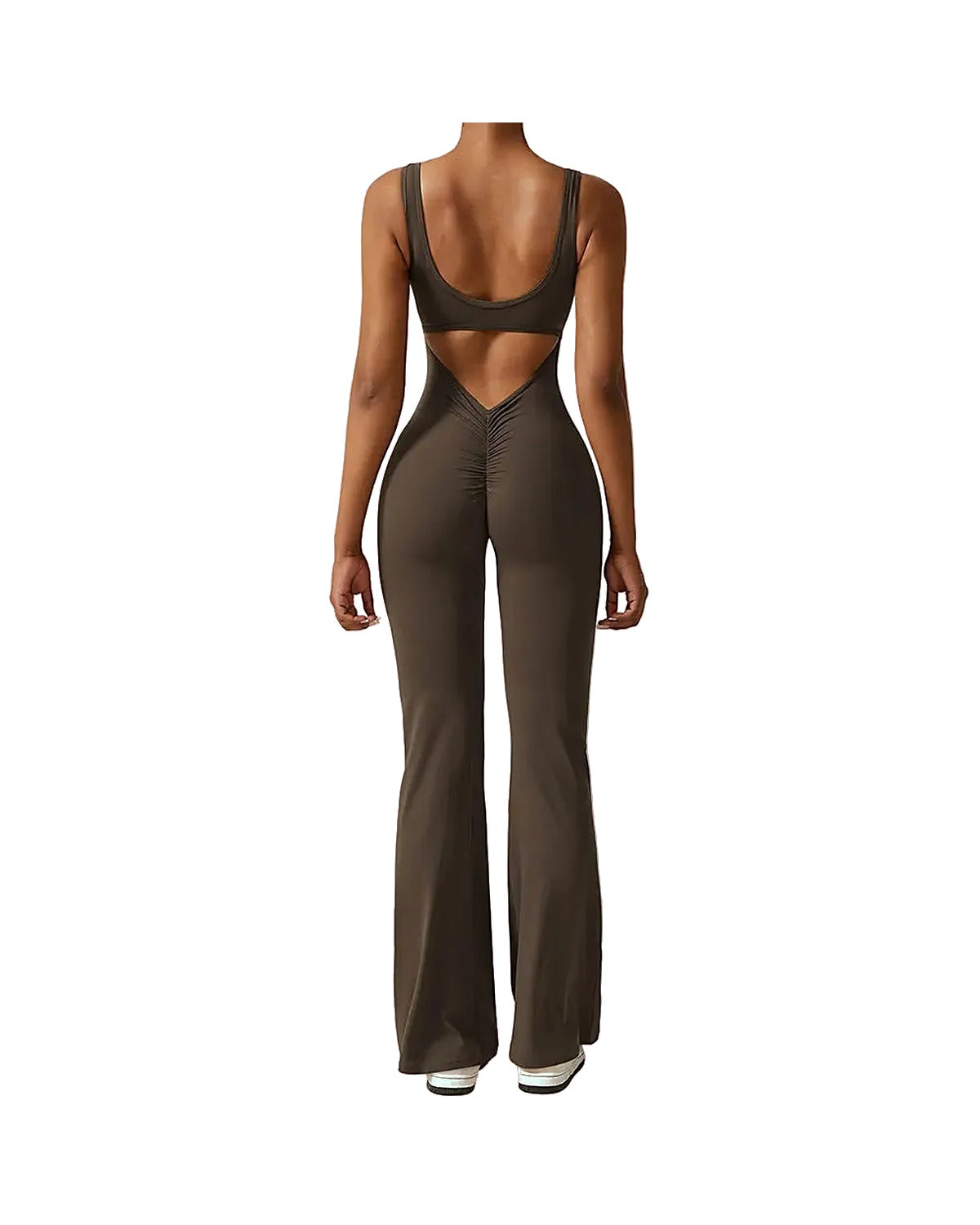 V-Back Flare Jumpsuit in Mocha by Veyaria