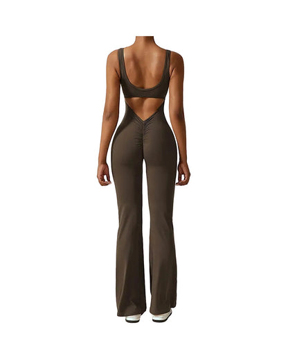 V-Back Flare Jumpsuit in Mocha by Veyaria